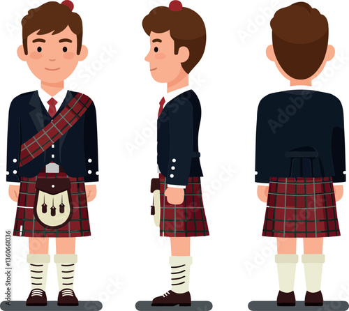 A young man wearing a traditional Scottish kilt in a detailed, flat design showcasing different angles in vibrant colors vector illustration