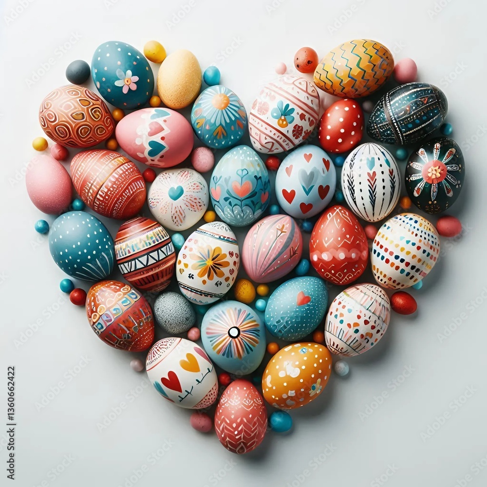 Fototapeta premium Œufs de Pâques en forme de cœur : décoration festive et créative