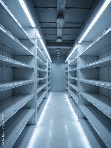 "Modern Empty Metal Pharmacy Shelving with LED Strips for Effective Product Placement"