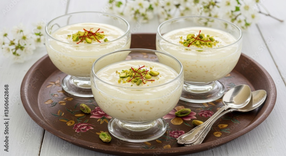 Three glass bowls of rice pudding garnished with pistachios and saffron on a decorative tray Three glass bowls of rice pudding garnished with pistachios and saffron on a decorative tray
