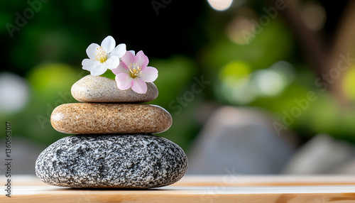 Serene Stacked Stones with Blossoms in Garden