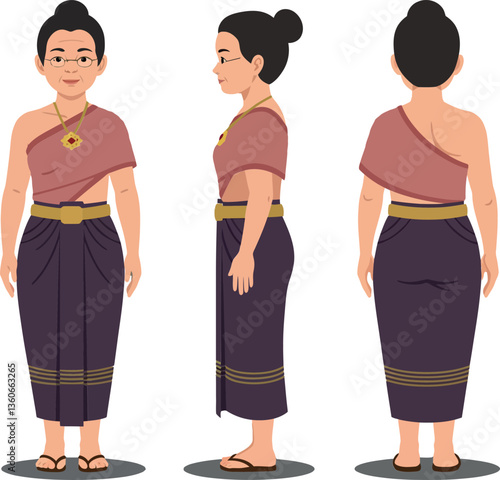 Traditional Thai woman in elegant outfit, showcasing detailed vector art with three perspectives, exuding cultural heritage and grace in a minimal style vector illustration
