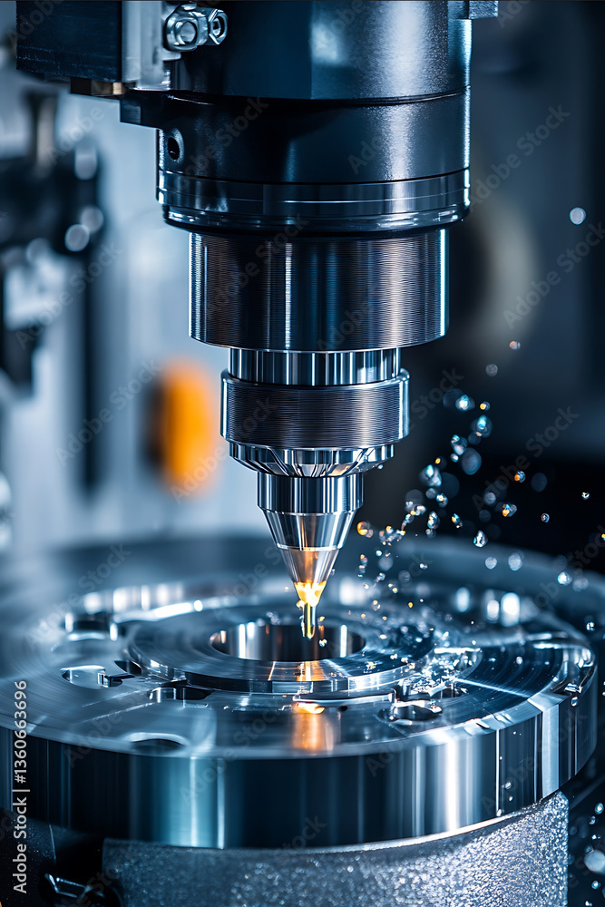 A closeup shot of an advanced machine tool such as a vertical mill with high precision and speed for light metal parts production working on complex geometric shape A closeup shot of an advanced machine tool such as a vertical mill with high precision and speed for light metal parts production working on complex geometric shape