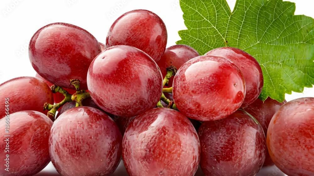 Fresh red grapes arranged beautifully with green leaves in a bright setting, showcasing their vibrant color and texture Fresh red grapes arranged beautifully with green leaves in a bright setting, showcasing their vibrant color and texture