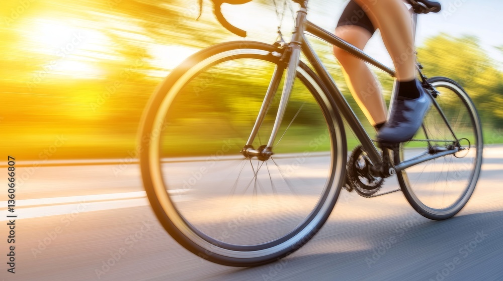 Fototapeta premium Cyclist riding swiftly on a road during sunset, surrounded by blurred greenery and soft light