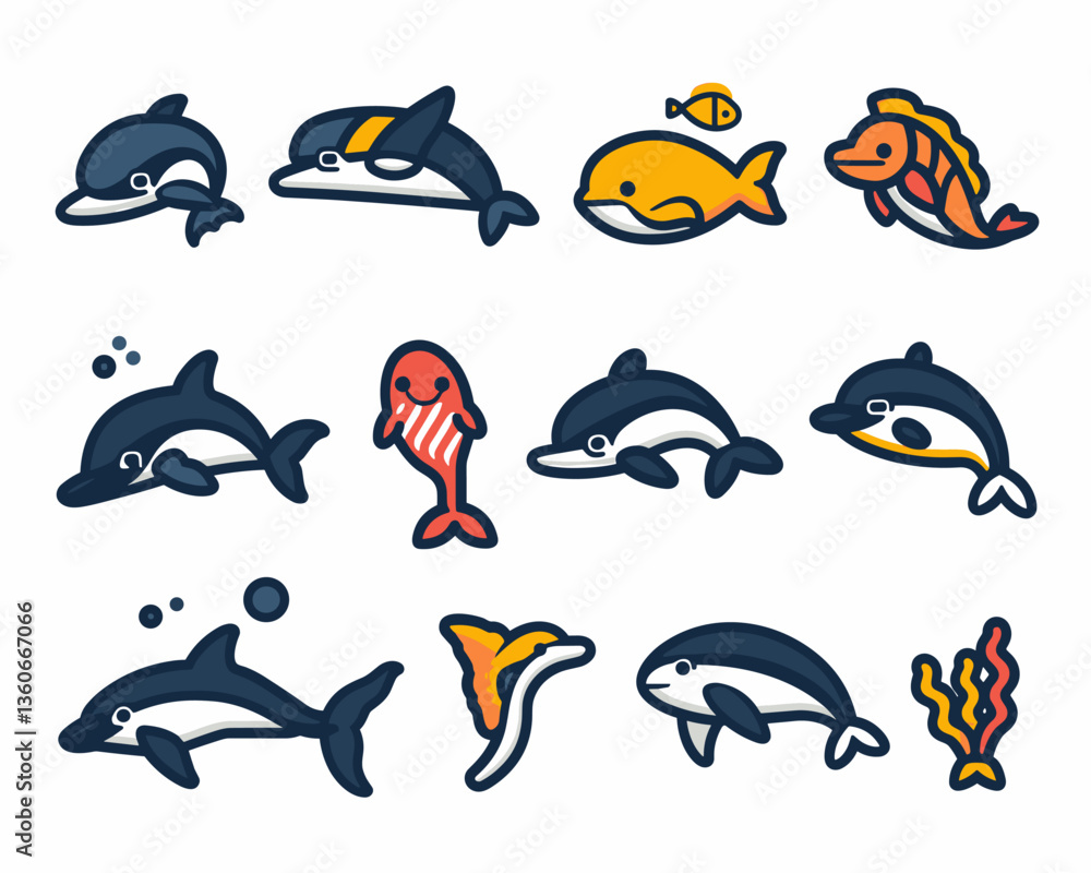 Obraz premium Set vector illustration on the theme of marine animals in a flat style