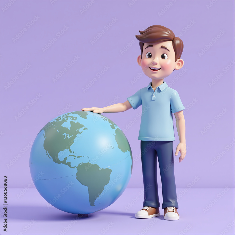 Smiling cartoon boy standing next to a globe, representing global learning and exploration. Smiling cartoon boy standing next to a globe, representing global learning and exploration.