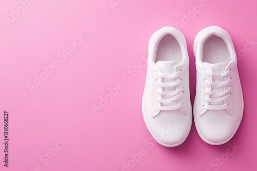 Two white sneakers are displayed on a solid pink background
