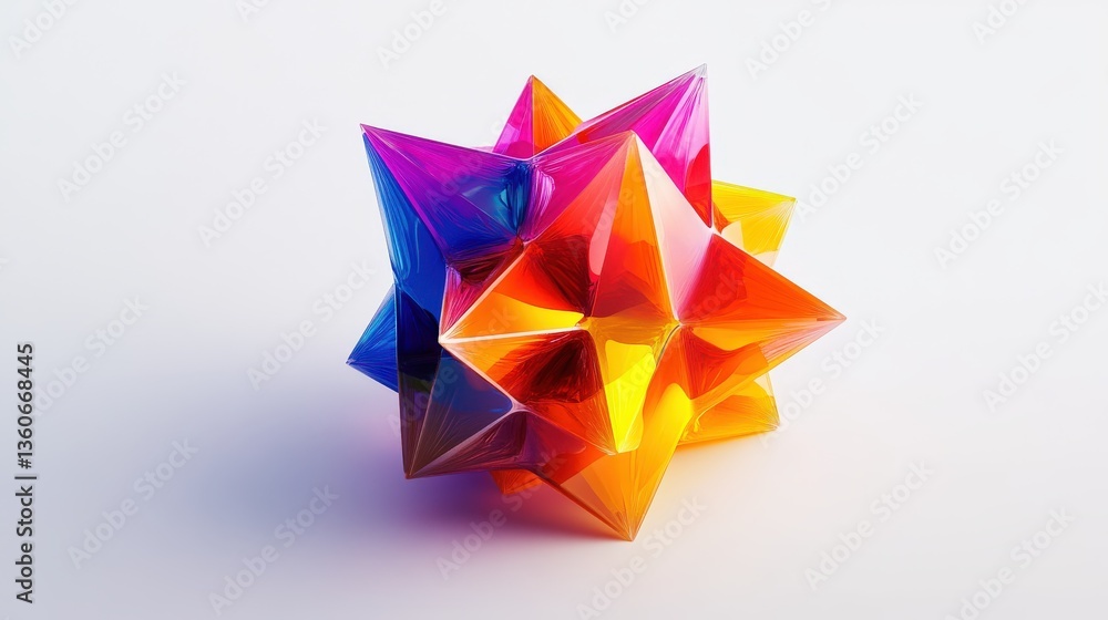 A vibrant geometric sculpture featuring multiple faceted triangular surfaces A vibrant geometric sculpture featuring multiple faceted triangular surfaces