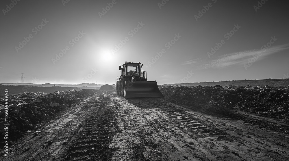 Fototapeta premium A bulldozer on a construction site under a bright sky in a black and white photography style image