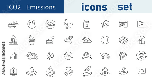 Set of CO2 Emissions web icons in line style. Ecology, tree, energy, carbon dioxide, climate. Vector illustration bundle .	