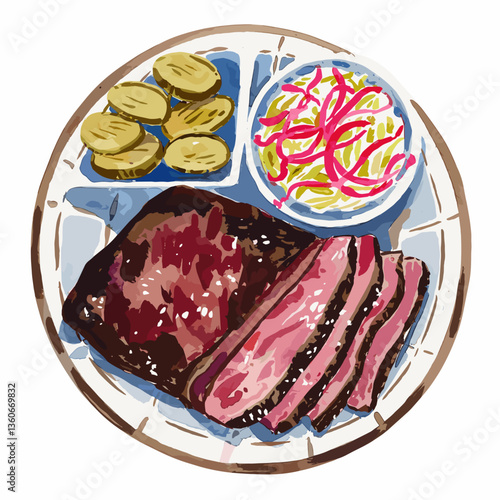 Watercolor BBQ Brisket Plate with Pickles and Coleslaw