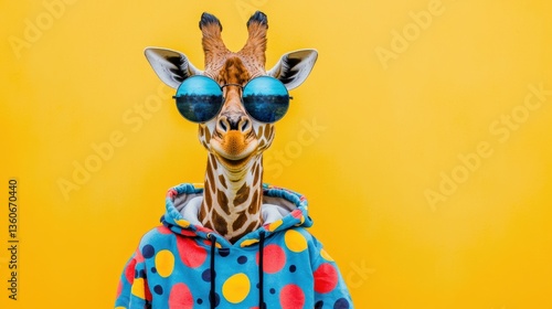 Stylish giraffe in sunglasses and hoodie against vibrant yellow