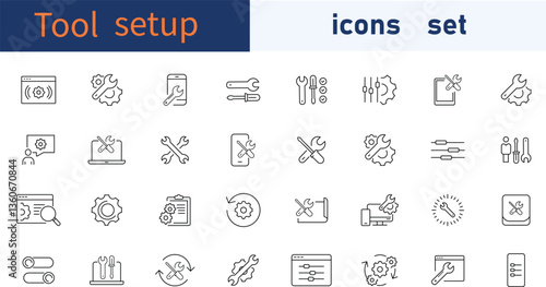 Tool Setup Icon Set – Vector Line Icons for Settings, Configuration, Maintenance & Repair

