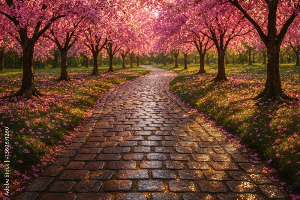 Naklejka premium Cherry blossom path with cobblestone walkway under blooming sakura trees in springtime light