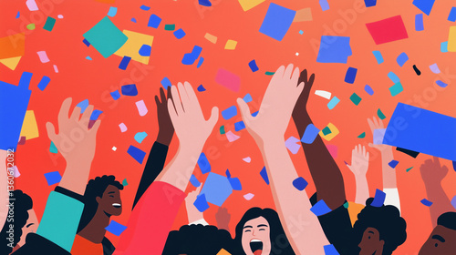 Illustration of Diverse People Celebrating with Confetti on Red Background
