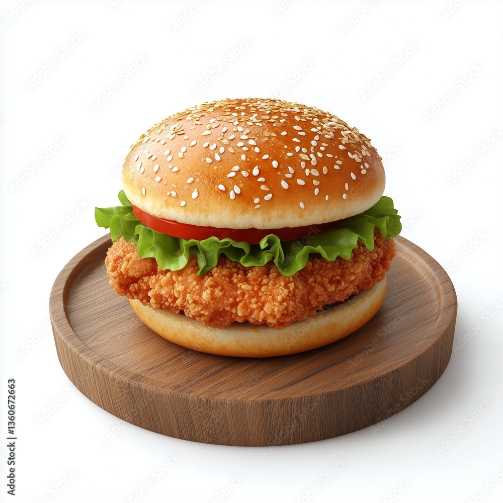 Burger fried chicken sandwich with tomato and letuce on wooden board isolated white Burger fried chicken sandwich with tomato and letuce on wooden board isolated white