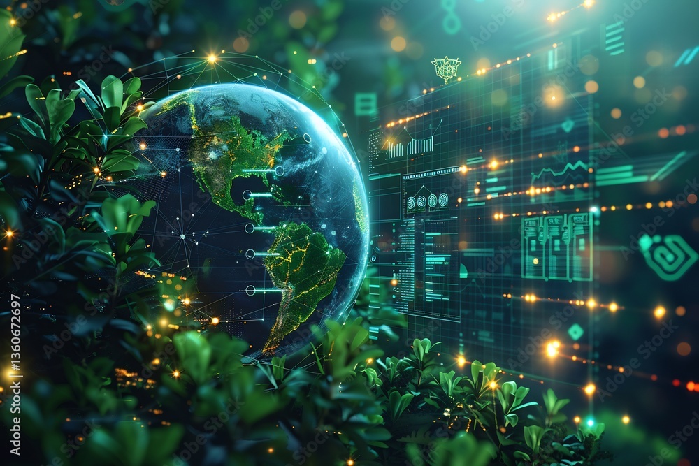 Fototapeta premium Futuristic climate dynamics model illustration featuring digital diagram elements eco icons and smooth gradient textures in a modern design Model modern precise