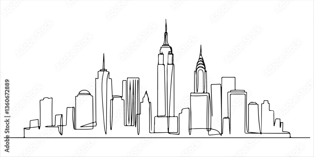 Obraz premium A single continuous line illustration of the New York City skyline, representing the iconic landmarks of the United States. A stunning urban landscape, perfect for world travelers and city lovers. 