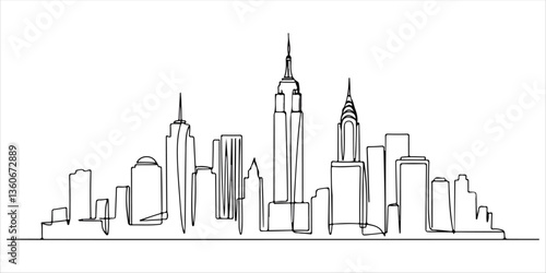 A single continuous line illustration of the New York City skyline, representing the iconic landmarks of the United States. A stunning urban landscape, perfect for world travelers and city lovers. 