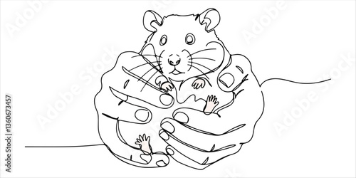 A single continuous line drawing illustrates a hamster being gently cradled by two hands, conveying care and affection. This image represents the special bond between pet owners and their beloved.