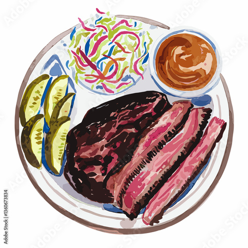 Watercolor BBQ Brisket Plate with Pickles and Coleslaw