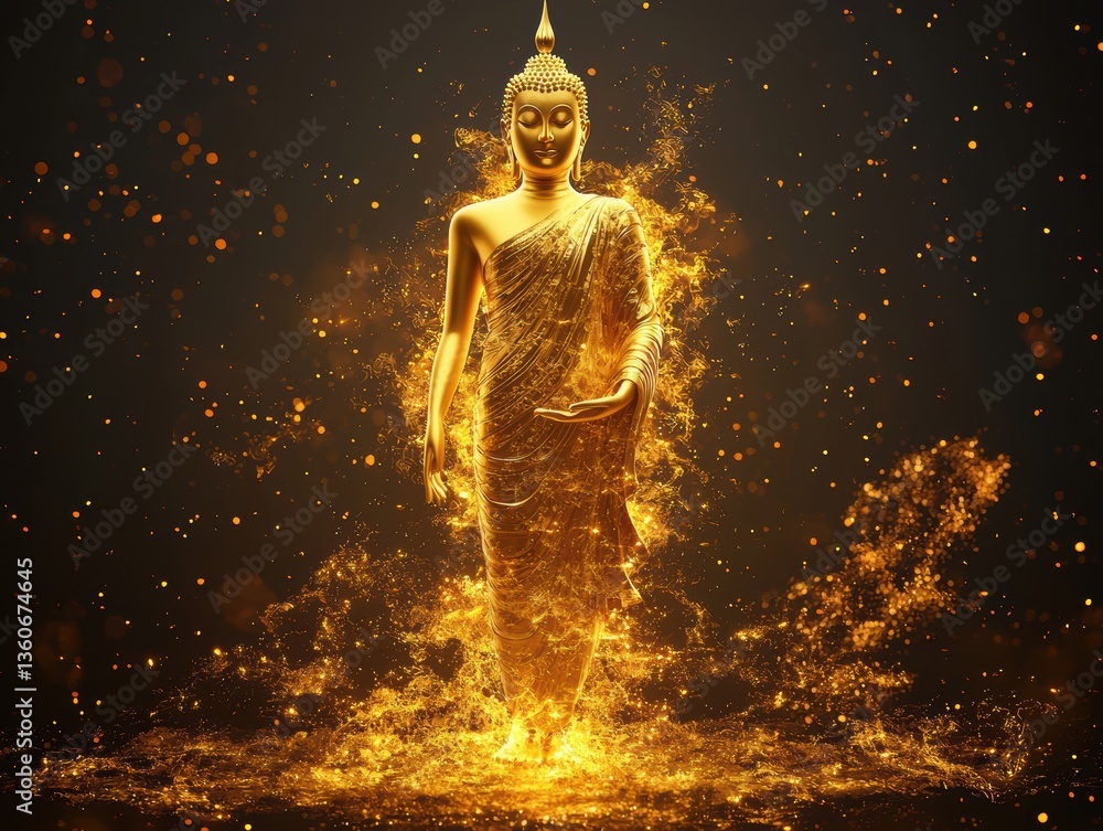 Naklejka premium Golden Buddha Statue in Flames Spiritual Enlightenment Artwork