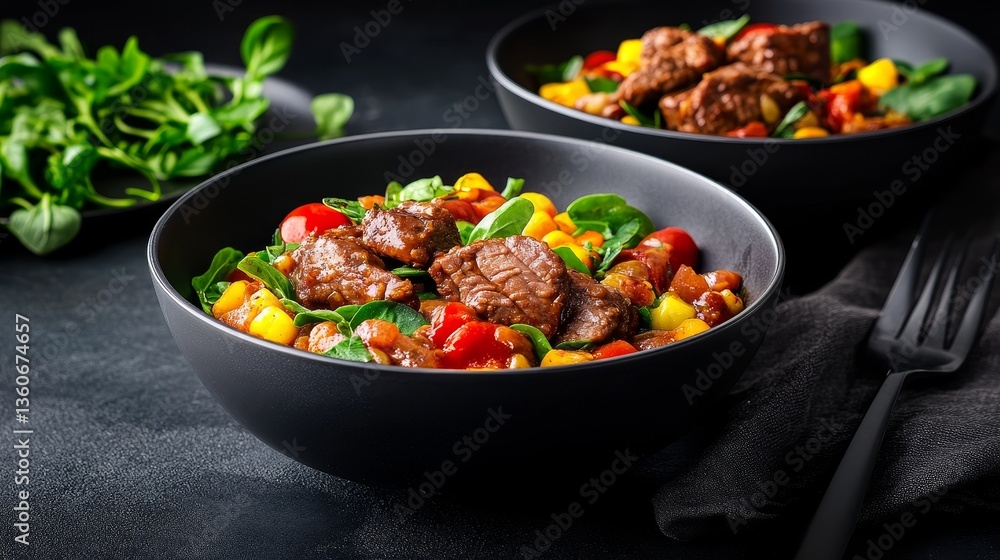 Delicious beef and vegetable salad in black bowls with fresh greens on a dark background Delicious beef and vegetable salad in black bowls with fresh greens on a dark background