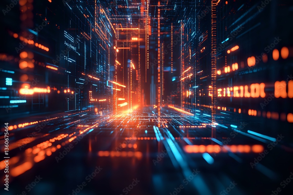 Abstract digital technology background with glowing orange and blue light trails creating futuristic cyber tunnel effect, representing data flow and connectivity. Abstract digital technology background with glowing orange and blue light trails creating futuristic cyber tunnel effect, representing data flow and connectivity.