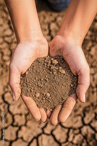 Obraz na płótnie Hand holding dry soil over dry cracking land. Desperate, sad. Lifeless. Hopeless. Drought. w salonie