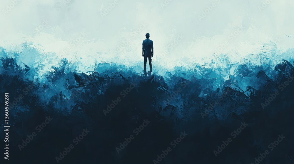Obraz premium Solitary figure atop a mountain range, surreal landscape, contemplation