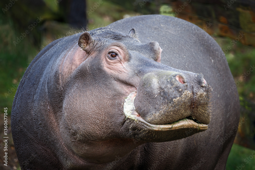 A hippopotamus looking at the camera, smiling