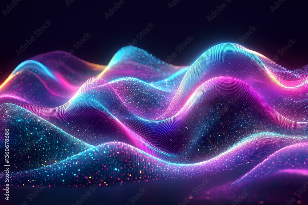 Fototapeta premium Abstract glowing waves with sparkling particles in neon blue and purple colors against dark background create futuristic digital landscape effect.
