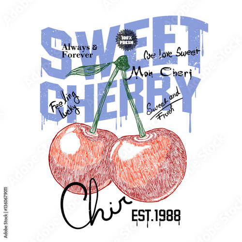 Sweet cherry cool slogan print for tee. fashion graphic prints for cherries fruit, graffiti text print design. funny cute t-shirt pattern.  food fashion slogan print,