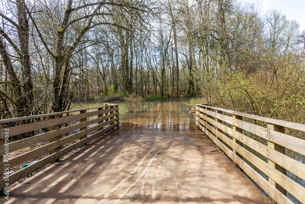 A park path flooded with water during a high-water period A park path flooded with water during a high-water period