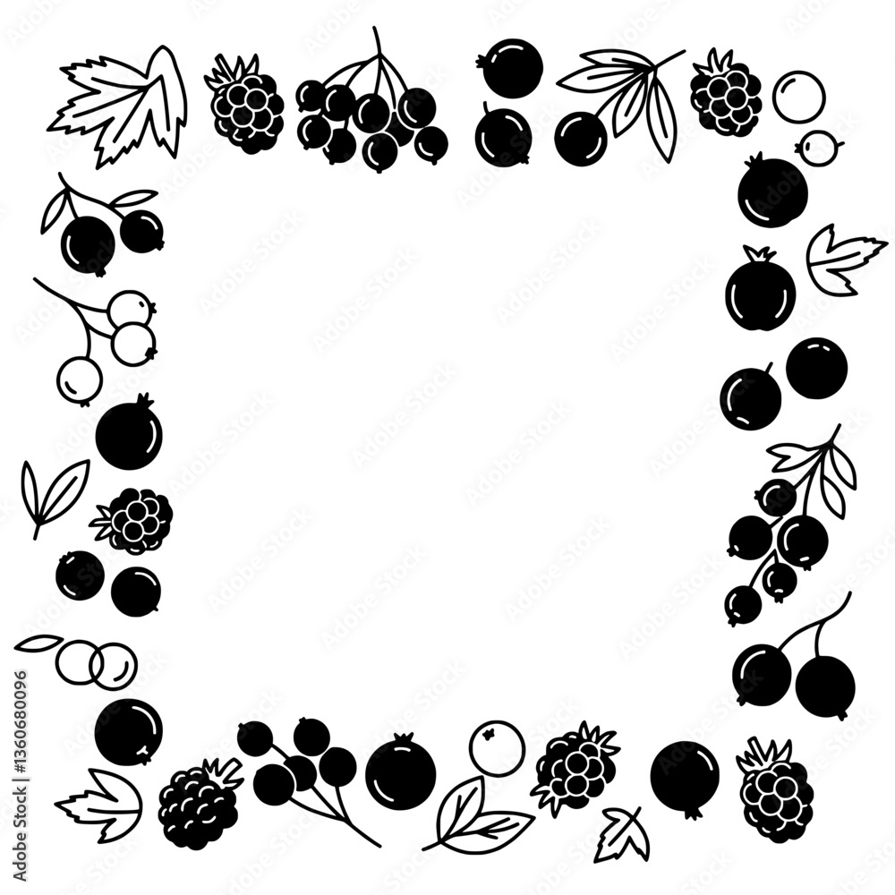 Fototapeta premium Berry Frame: A visually striking, illustrative frame design artfully crafted with various berries, leaves, and foliage in a monochromatic style, exuding a charming aesthetic.