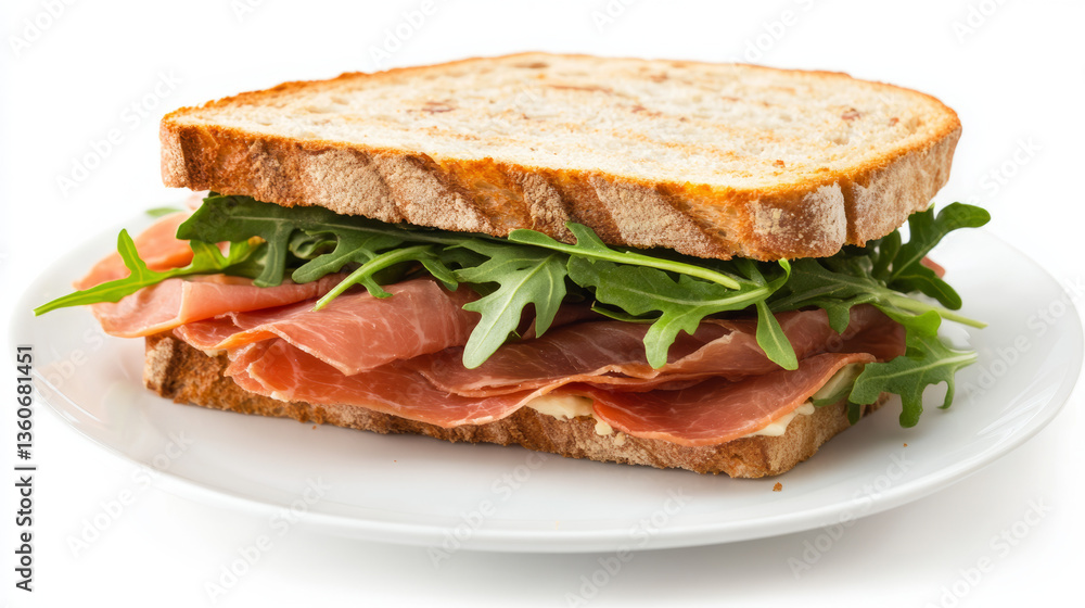 Gourmet prosciutto sandwich with arugula and artisan bread on a plate – close-up of fresh Italian cold cuts and greens, perfect for lunch menu design, restaurant advertising, recipe illustration Gourmet prosciutto sandwich with arugula and artisan bread on a plate – close-up of fresh Italian cold cuts and greens, perfect for lunch menu design, restaurant advertising, recipe illustration