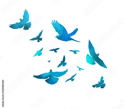 A flock of blue birds. hand drawing. Not AI. Vector illustration