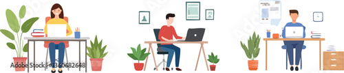 Remote worker at home desk, hybrid work model vector illustraion set