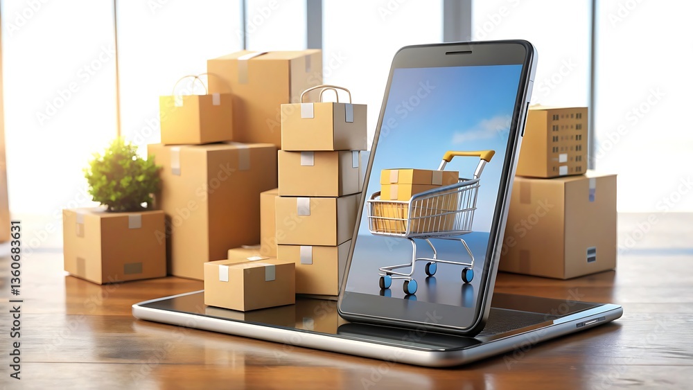 Obraz premium Mobile phone with stacked shipping boxes in a warehouse