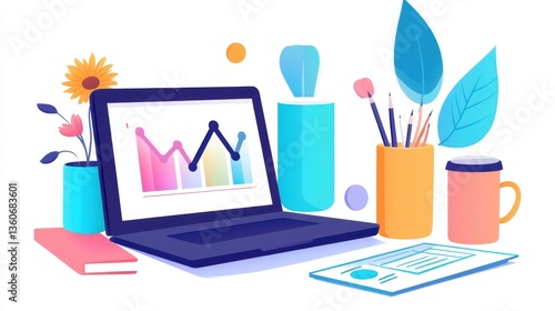 Laptop displaying financial growth chart on desk with stationery and beverage