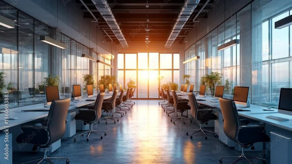 A modern, sleek office interior featuring organized workstations A modern, sleek office interior featuring organized workstations