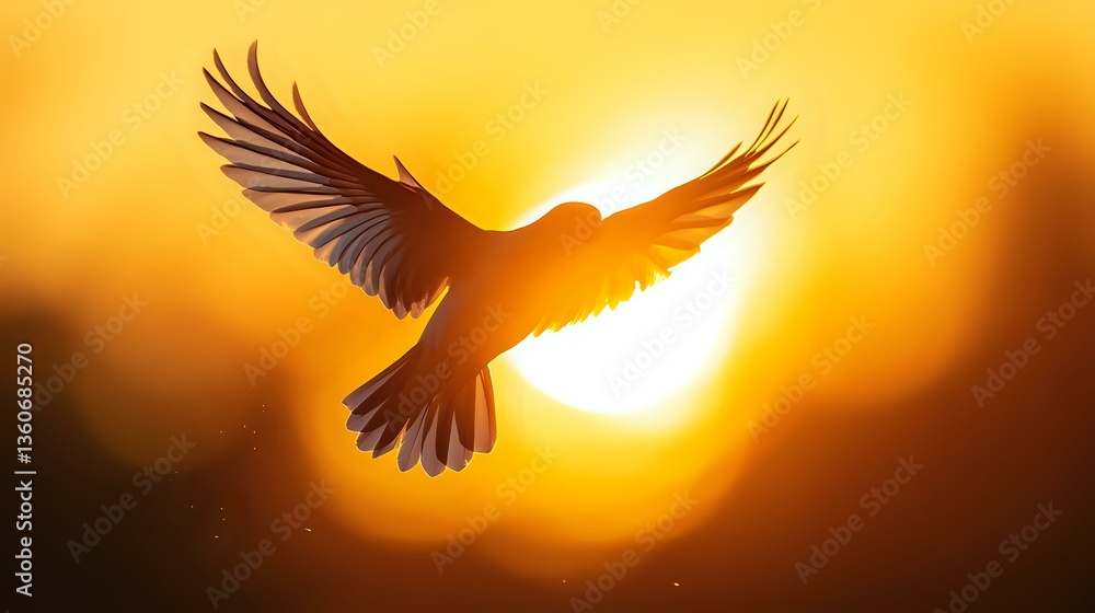 Fototapeta premium Silhouette of majestic bird with spread wings flying against bright orange sunset sky and glowing sun, creating dramatic backlit effect and peaceful atmosphere.