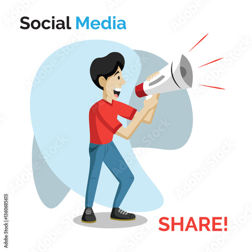 Isolated male character yelling with a megaphone Share social media Vector