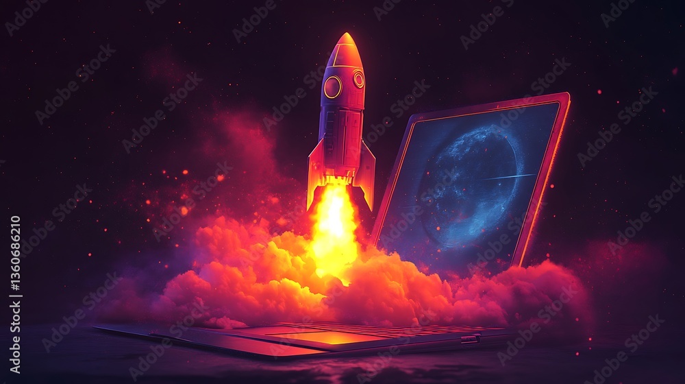 Naklejka premium Rocket Launching from Laptop Screen in Digital World, A rocket launching from a laptop screen, symbolizing technology and innovation