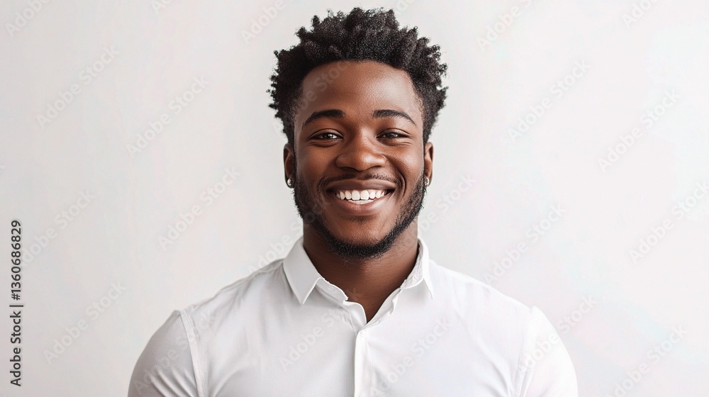 Fototapeta premium Confident Black Man Smiling in White Shirt Against Neutral Background