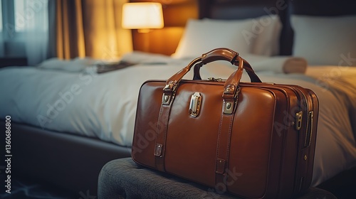 Brown leather briefcase on a chair in a hotel room.