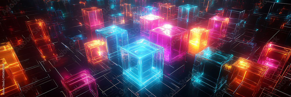 Abstract grid of glowing colorful cube structures with neon outlines creating a futuristic or digital landscape. Abstract grid of glowing colorful cube structures with neon outlines creating a futuristic or digital landscape.