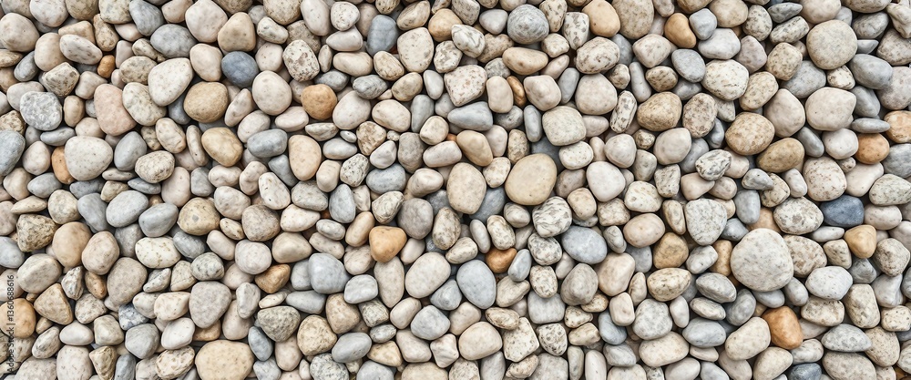 Graue und beige Kieselsteine in verschiedenen Größen, eine natürliche Textur. Die erdigen Farben und die glatte Oberfläche erzeugen ein beruhigendes, organisches Muster. Graue und beige Kieselsteine in verschiedenen Größen, eine natürliche Textur. Die erdigen Farben und die glatte Oberfläche erzeugen ein beruhigendes, organisches Muster.