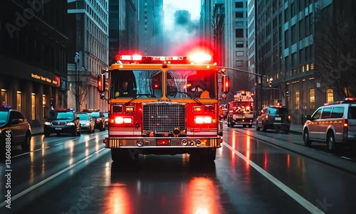 Emergency response vehicle navigating through a city street during a nighttime emergency call